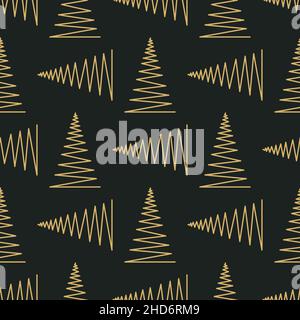 Nahtloses Muster mit geometrischem Weihnachtsbaum in Gold und Schwarz. Winterferien, Frohe Weihnachten und Happy New Year abstraktes strukturiertes Hintergrunddesign. Moderne, elegante Tapete. Stock Vektor