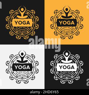 Vintage-Stil Elegantes florales Yoga-Logo.luxuriöser Vintage-Anhänger. Goldene, schwarze und weiße Farbe.Retro-Logo. Stock Vektor