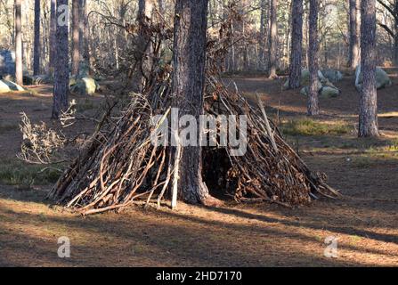 Einfache Holzhütte aus Ästen im Herbst bei Sonnenuntergang. Stockfoto