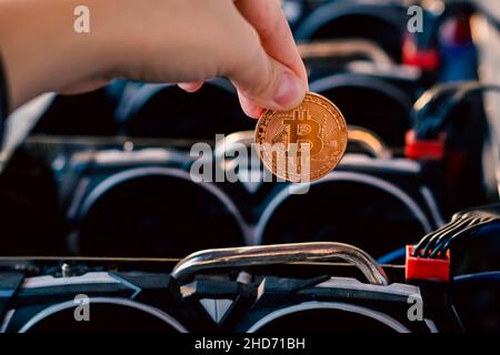 Bitcoin Bergbaufarm und Pandemie. Unser neues Leben. Hochwertige Fotos Stockfoto