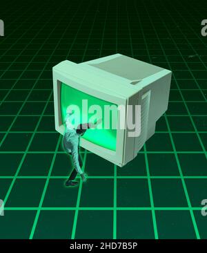 Kreative Kunstwerke. Zeitgenössische Kunstcollage von Menschen, die in Retro-Computersreen über grünem Hintergrund in Neon isoliert werden Stockfoto