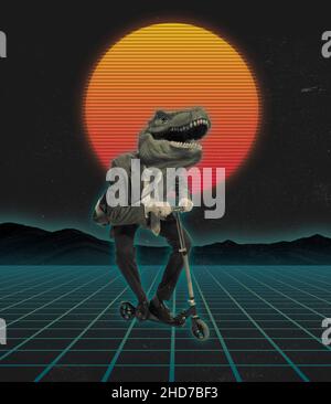 Zeitgenössische Kunstcollage des Mannes im Anzug mit Dinosaurier Kopf Reiten auf Roller isoliert auf Sonnenuntergang Hintergrund Stockfoto