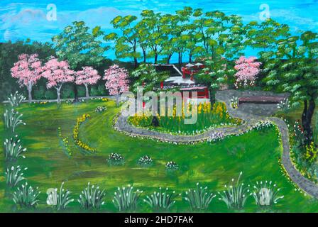 Ölgemälde auf Leinwand von kleinen ländlichen Haus eingebettet in Ein chinesischer Garten Stockfoto