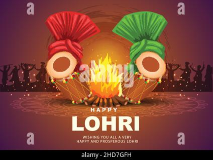 Indian Punjabi Festival der lohri Feier Feuer Hintergrund mit dekorierten Trommel und Hut. vektor-Illustration Design. Stock Vektor