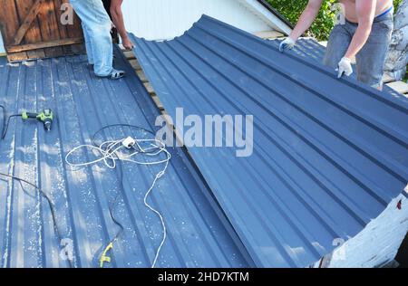 Dachkonstruktion aus Metall. Zwei Bauunternehmen legen große Dachbleche aus Metall auf die Dachummantelung ab und installieren sie. Stockfoto