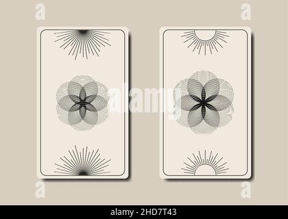 Setzen Sie magische Tarot-Karten, schwarze magische Blume des Lebens boho Stil, heilige Geometrie Zeichen, esoterische spirituelle Symbole, Gott und Göttin Zeichen. Vector Vintage Stock Vektor