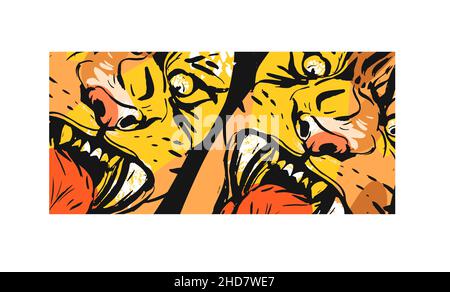 Handgezeichnete Vektor abstrakte grafische Skizze Tinte Zeichnung von Tigern Gesichter, in orangen Farben isoliert auf weißem Hintergrund. Stock Vektor