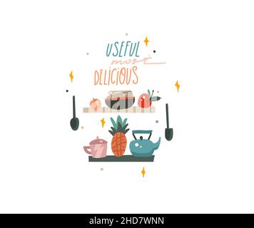 Hand gezeichnet Vektor abstrakt Stock flach Grafik-Illustration mit Innen-Wand auf Küche Symbole und Motivations-Schriftzug Zitat Nützliche meisten Stock Vektor