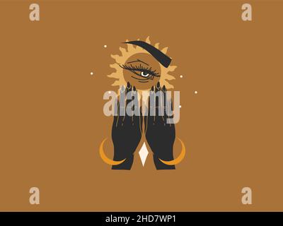 Hand gezeichnet Vektor abstrakt Stock flache Grafik-Illustration mit Logo-Elemente, Sonne in der menschlichen Hand, magische himmlische heilige Linie Kunst im einfachen Stil für Stock Vektor