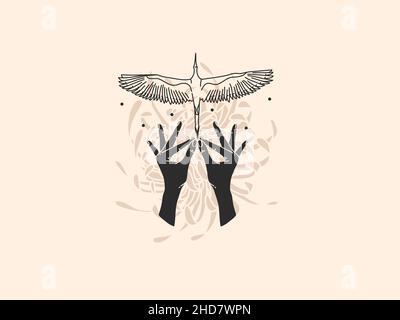 Hand gezeichnet Vektor abstrakte Stock flache Grafik-Illustration mit Logo-Elemente, Kranich Vogel in menschlicher Hand, magische himmlische heilige Linie Kunst in einfachen Stock Vektor