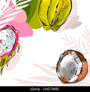 Handgezeichneter Vektor abstrakter Stock flache Grafik-Illustration mit Visitenkarte oder Bordüre mit tropischer exotischer Fruchtkokos, Karambola und Stock Vektor