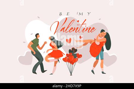 Hand gezeichnet Vektor abstrakt Cartoon moderne Grafik Happy Valentines Tag Konzept Illustrationen Kunstkarte mit tanzenden Paaren Menschen zusammen isoliert auf Stock Vektor