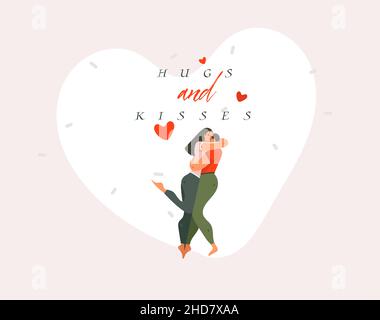 Hand gezeichnet Vektor abstrakt Cartoon moderne Grafik Happy Valentines Konzept Illustrationen Kunstkarte mit Umarmung paar Menschen zusammen und Hugs und Stock Vektor