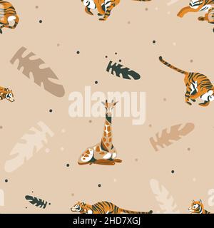 Hand gezeichnet Vektor abstrakt Cartoon moderne Grafik African Safari Natur Illustrationen Kunst Collage nahtlose Muster mit Giraffe und Tiger Tiere Stock Vektor