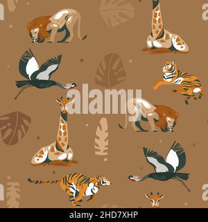 Handgezeichneter Vektor abstrakt moderne Grafik African Safari Natur ornamental Tribal Illustrationen Kunst Collage nahtlose Muster mit Tigern, Löwe, Kran Stock Vektor