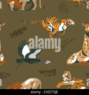 Hand drawn vector abstract modern graphic African Safari Nature ornamental tribal illustrations art collage seamless pattern with tigers,lion,crane Stock Vektor