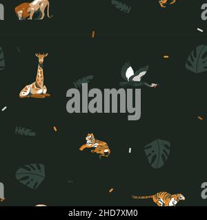 Hand drawn vector abstract cartoon modern graphic African Safari Nature illustrations art collage seamless pattern with tigers,lion,crane bird and Stock Vektor