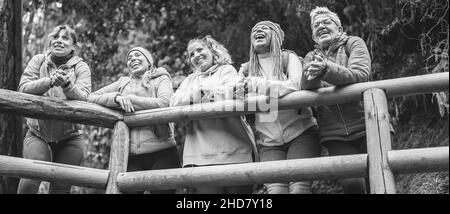 Multirassische Frauen, die beim Trekking-Tag im Bergwald Spaß an der Erkundung der Natur haben - Fokus auf afrikanisches Seniorengesicht Stockfoto