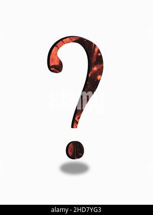 Großes Fragezeichen, 3D Rendering. Abstrakte feurige Muster. Weißer Hintergrund Stockfoto