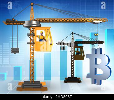 Der Baukran hebt Bitcoin in Kryptowährung Konzept Stockfoto