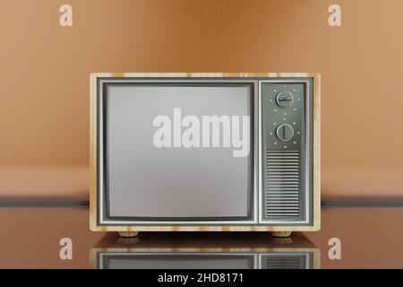 Schöner 3D Retro alter Fernseher auf orangefarbenem Hintergrund, Vintage analoger Fernseher mit Kopierbereich. 3D Darstellung rendern. Hintergrundmuster für Design. Stockfoto