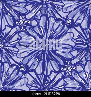Moderne abstrakte Gerbera Gänseblümchen Blume nahtlose Muster Hintergrund. Malerisch wiederholen, monochromer periwinkle lila Hintergrund. Lino-Kunstdruck im botanischen Design Stock Vektor
