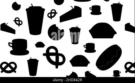 Schwarze Silhouetten Getränkemuster, Tee, Kekse, Kuchen, Kaffee. Speisen und Getränke nahtloser Hintergrund, monochromer Vektor Stock Vektor