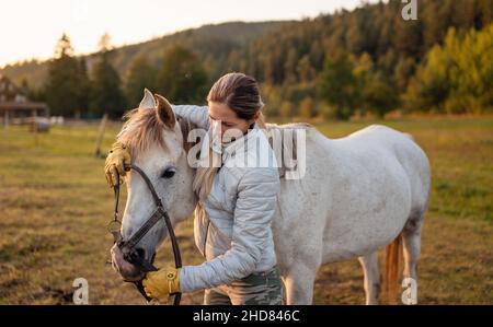 Junge Frau in warmer Jacke, die Halfter auf weißem arabischen Pferd, verschwommener Wiese und Waldhintergrund setzt Stockfoto