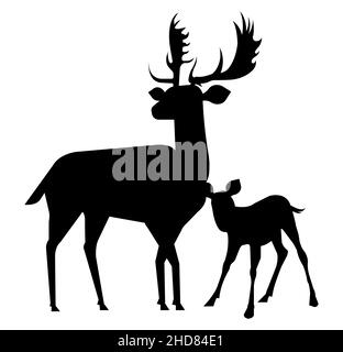 Wildfamilie Vektor isolierte Illustration auf weißem Hintergrund. Hirsch Mama und Rehkitz isolierte Silhouetten. Stock Vektor