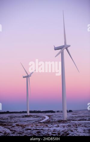 Windmühlen im Sonnenuntergang, Smøla, Norwegen Stockfoto