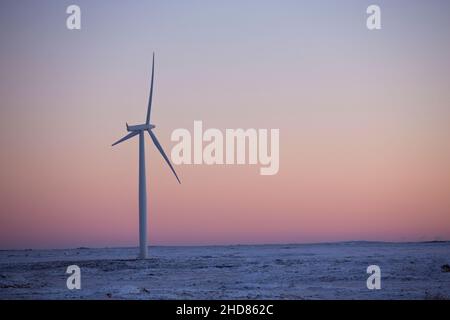 Windmühlen im Sonnenuntergang, Smøla, Norwegen Stockfoto