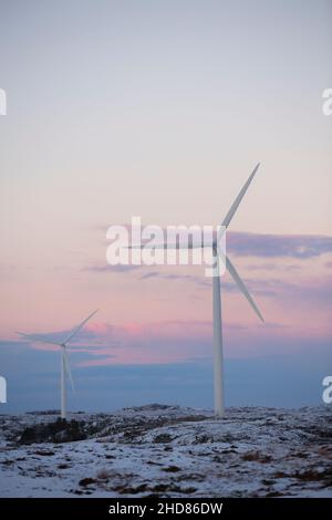 Windmühlen im Sonnenuntergang, Smøla, Norwegen Stockfoto