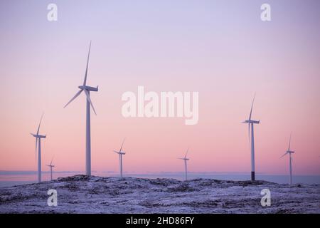 Windmühlen im Sonnenuntergang, Smøla, Norwegen Stockfoto