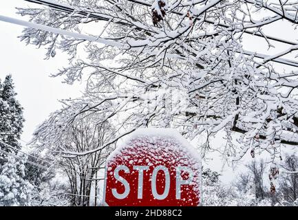 Die Straße in der Nachbarschaft ist schneebedeckt Stockfoto