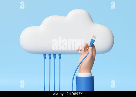 Cartoon-Hand, die ein Netzwerkkabel mit einer Cloud verbindet. 3D Abbildung. Stockfoto