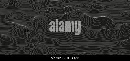 Abstrakter Hintergrund mit verzerrten Linienformen auf schwarzem Hintergrund. Monochrome Schalllinienkurven. Stock Vektor