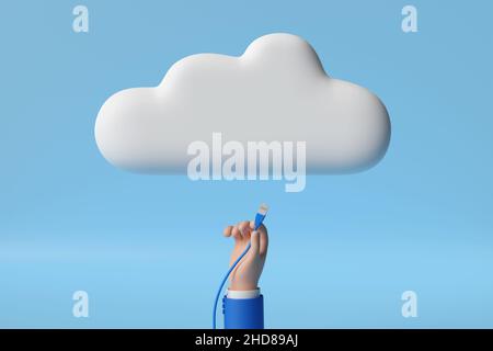 Cartoon-Hand, die ein Netzwerkkabel mit einer Cloud verbindet. 3D Abbildung. Stockfoto