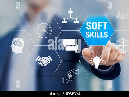 Soft Skills und persönliche Entwicklung für Profis und HR-Konzept mit Teamarbeit, Kommunikation, Führung, emotionaler Intelligenz, Zeitmanagerin Stockfoto