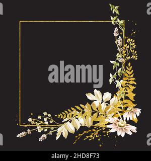 Wilde Gräser und Wildblumen Rahmen. Sommer ländliche Komposition, Bouquet, Dekor-Konzept. Handgezeichnete Aquarellillustration isoliert auf Weiß Stockfoto