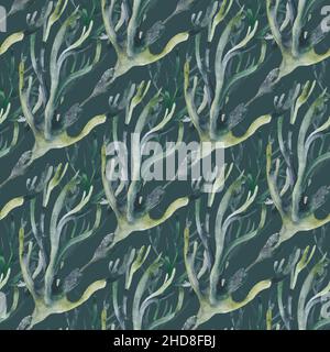 Meer, nautische, marine Muster mit isolierten handbemalten Aquarell-Objekten: Muscheln, Seepferd, Korallen, Fische. Unterwasserwelt. Stockfoto