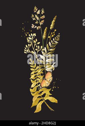 Wilde Gräser und Wildblumen . Sommer ländliche Komposition, Bouquet, Dekor-Konzept. Handgezeichnete Aquarelldarstellung isoliert auf weißem Hintergrund Stockfoto