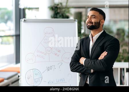 Erfolgreicher einflussreicher, kluger, junger indischer Geschäftsmann, Top-Manager oder Business-Coach, der in einem modernen Büro am Whiteboard mit Grafiken steht, nachdenklich, lächelnd und mit gekreuzten Armen davonschaut Stockfoto