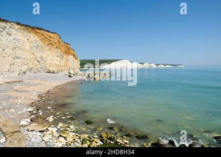 Die Kreidefelsen der Seven Sisters aus Cuckmere Haven, East Sussex, Großbritannien Stockfoto