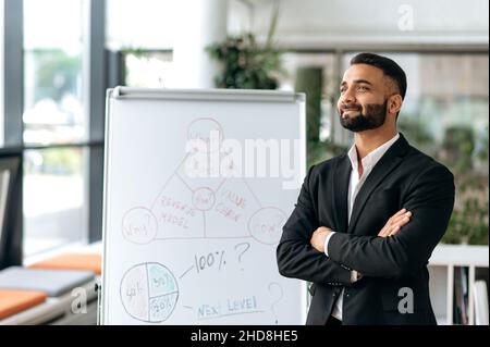 Einflussreicher intelligenter junger erfolgreicher indischer Top-Manager, Finanzmentor oder Firmeninhaber, der mit gekreuzten Armen an der Tafel mit Diagrammen steht, pensiv zur Seite schaut und lächelt Stockfoto