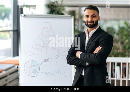 Porträt eines selbstbewussten, erfolgreichen, einflussreichen indischen Geschäftscoach, in Anzug, ceo oder Geschäftsmann, steht mit gekreuzten Armen in der Nähe des Whiteboards im Büro, blickt auf die Kamera und lächelt freundlich Stockfoto