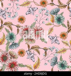 Handbemaltes Aquarell-Design mit nahtlosem Blumenmuster Stockfoto