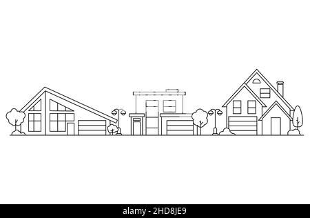 Vorort Dorf.Cottage Gebäude Fassade und Straßenlampen. Isoliert auf weißem Hintergrund. Stock Vektor