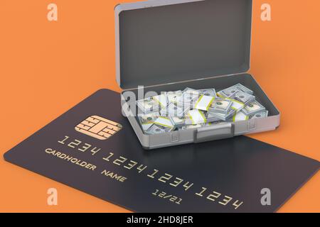 Ein offener Koffer mit vielen Banknoten neben einer Plastikkarte. Großer Gewinn. Bargeld, nicht bar und Banküberweisung. Finanzoperationen. Einsparungen. Zoll Stockfoto