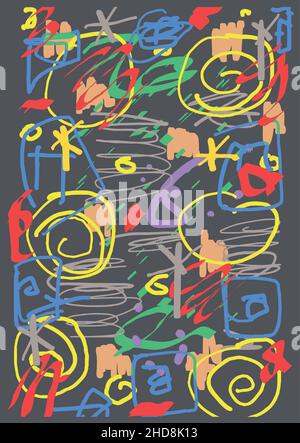 Handgezeichnetes Pop-Design mit Doodle, Grundfarben auf dunklem Hintergrund, Illustration abstrakter lebendiger Linien, Tablet-Notizbuch-Skizze Stock Vektor