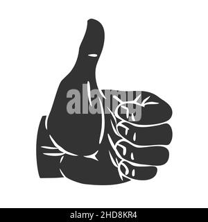 Männliche Hand macht OK Geste mit Daumen. Schwarze Kontur zeichnen. Schwarze Silhouette. Vektor isolierte Illustration handgezeichnete Skizze Stock Vektor